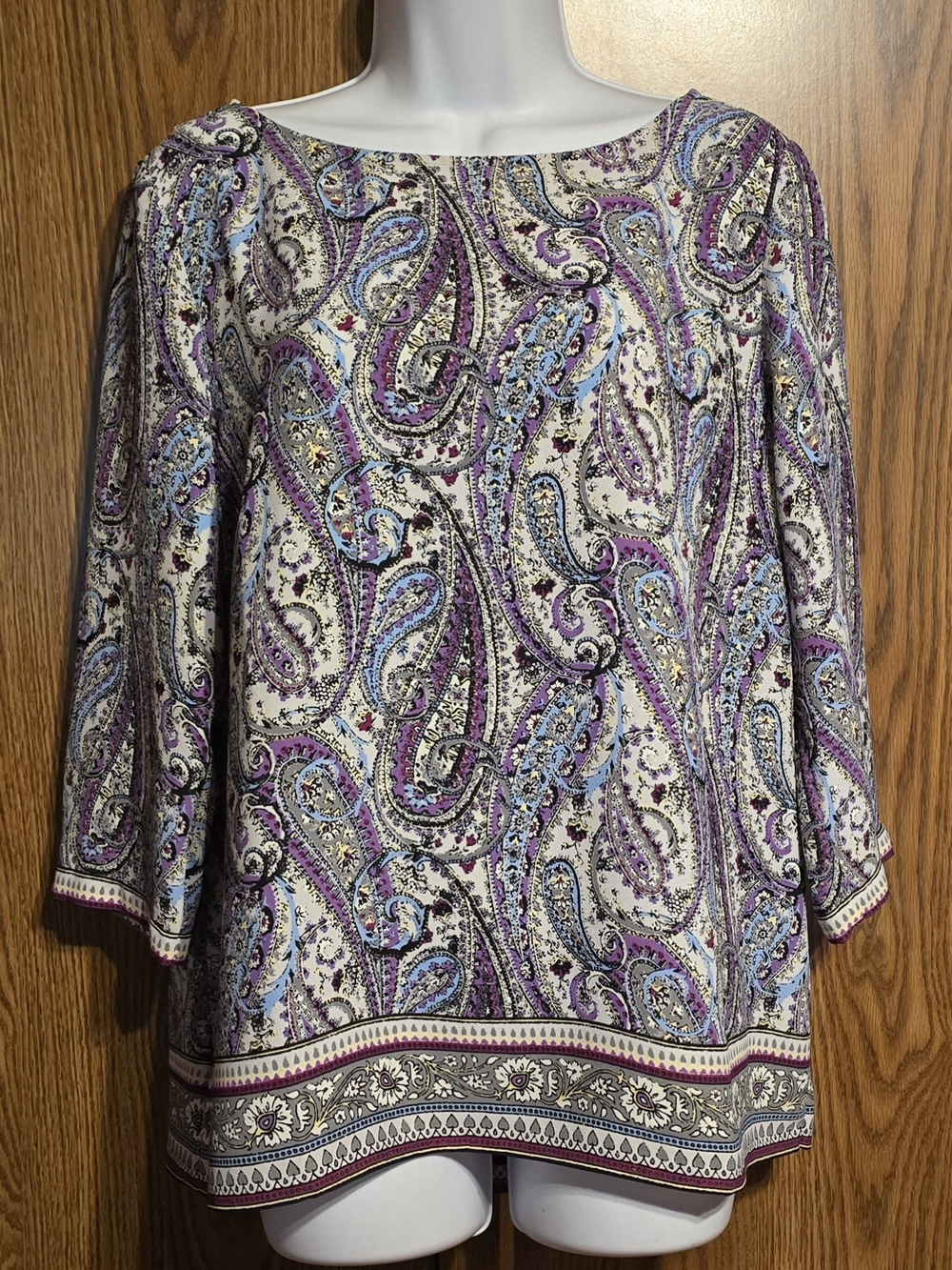 J. Jill Cream Paisley Boatneck Blouse with Purple & Blue Accents